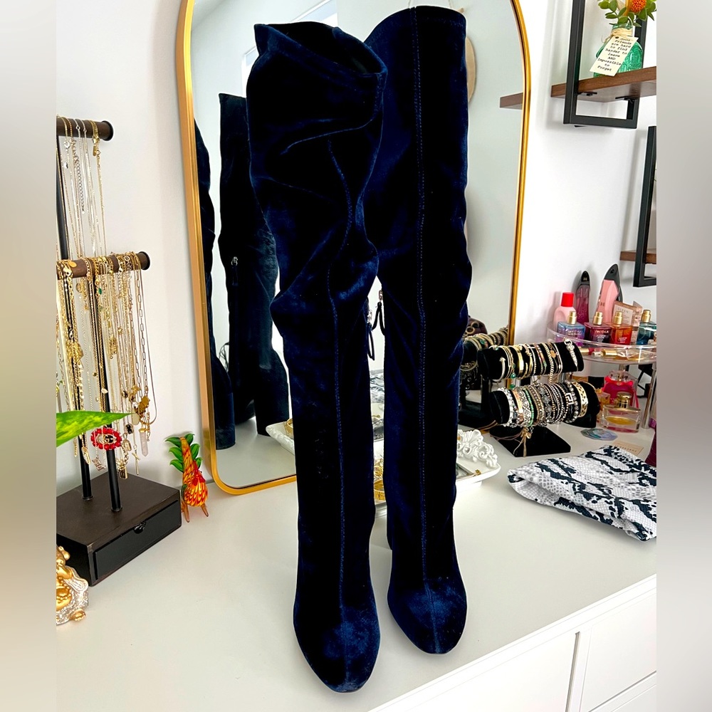 ZARA Velvet Over the Knee Navy Blue Boots sz 10